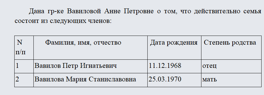 Справка о составе семьи. Часть 1